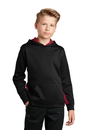 Sport-Tek Youth Sport-Wick CamoHex Moisture Wicking Fleece Hooded Sweatshirt Hoodie w/ Pouch Pocket - Black/Deep Red