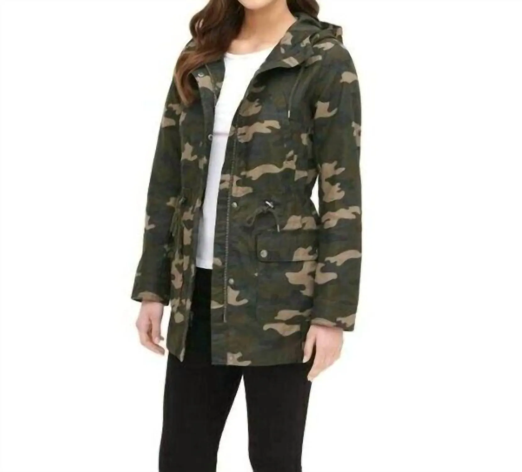 The Jess Cotton Fishtail Camo Print Hooded Parka Jacket In Green