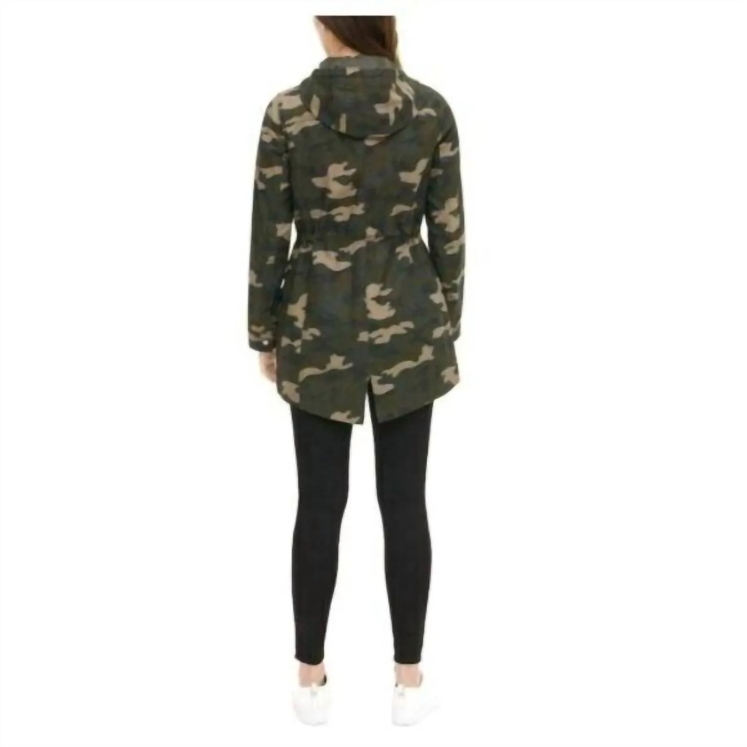 The Jess Cotton Fishtail Camo Print Hooded Parka Jacket In Green