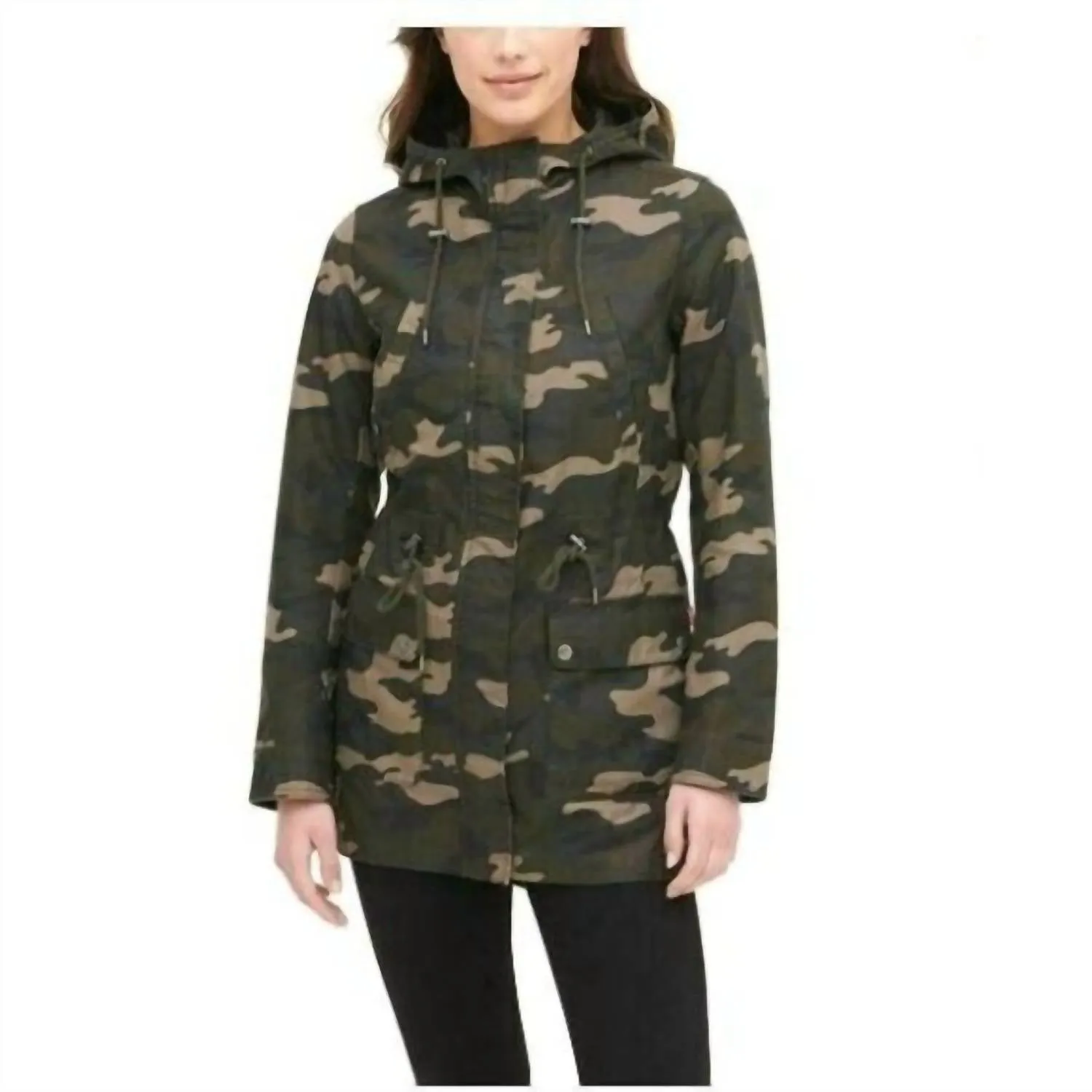 The Jess Cotton Fishtail Camo Print Hooded Parka Jacket In Green