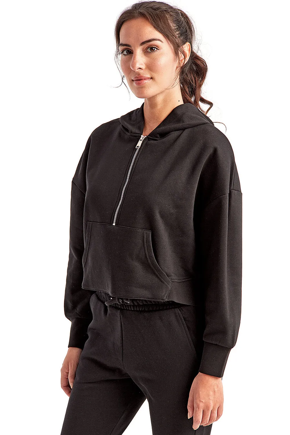TriDri Womens Alice 1/4 Zip Hooded Sweatshirt Hoodie w/ Pouch Pocket - Black