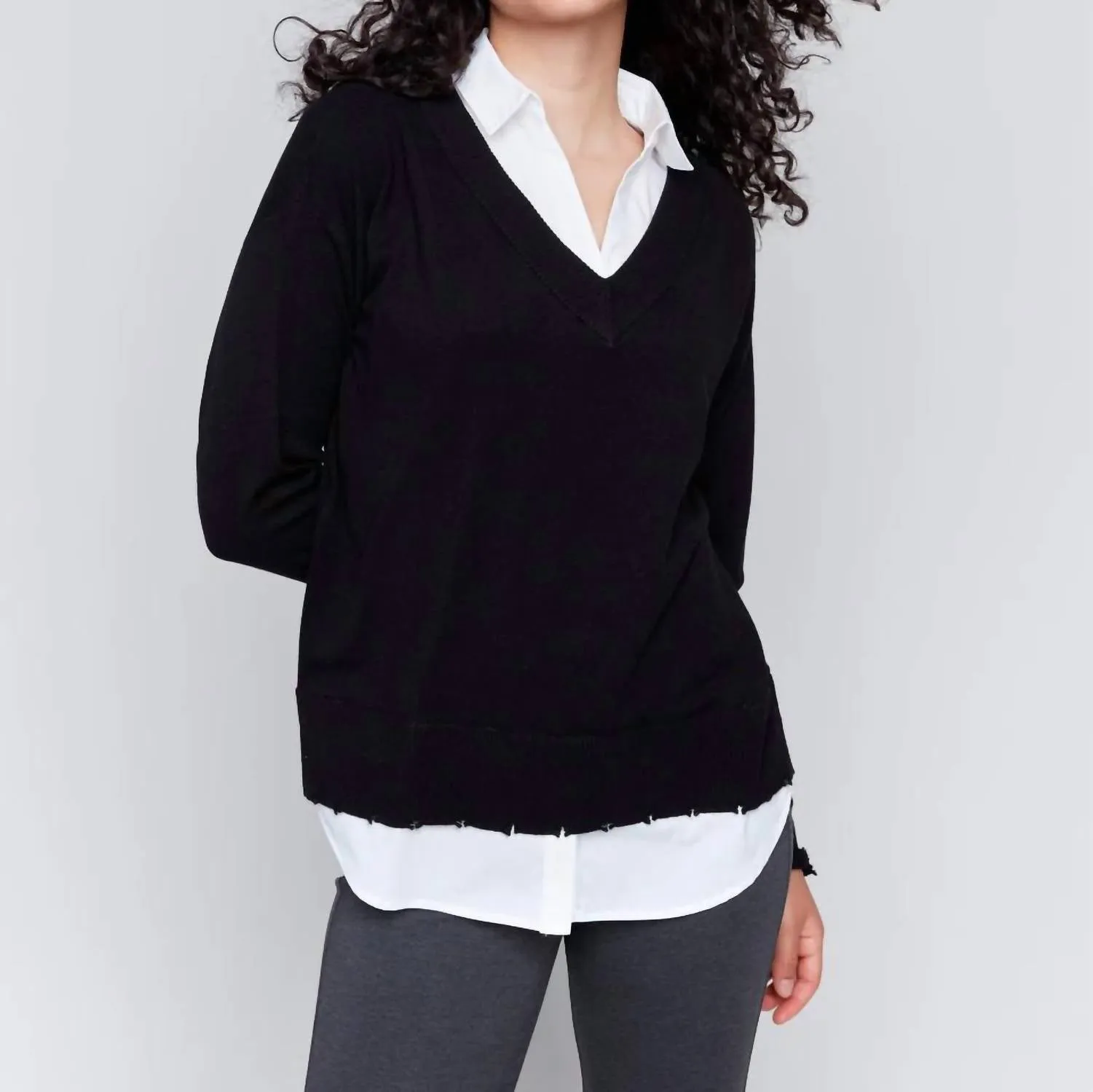 V-Neck Fooler Sweater With Shirt Collar In Black/white