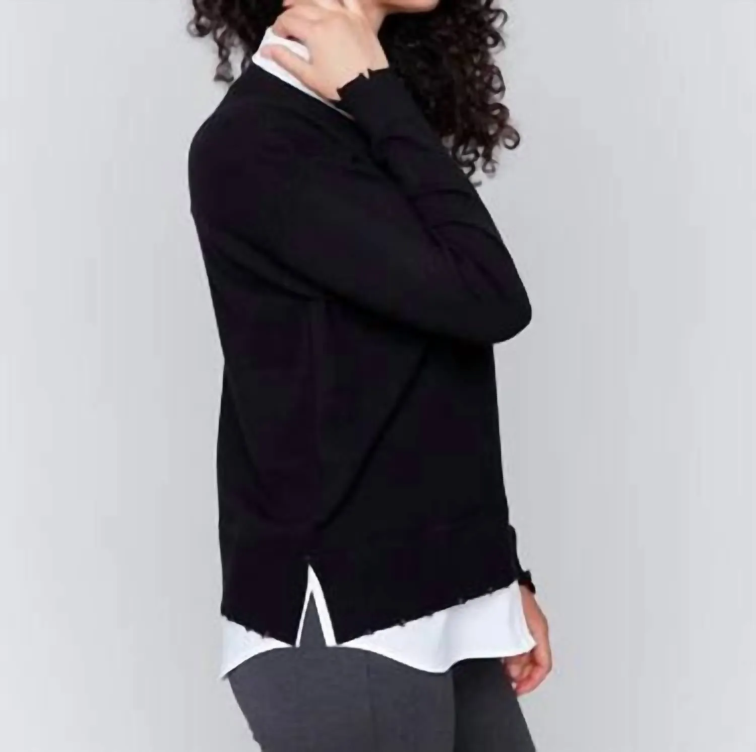 V-Neck Fooler Sweater With Shirt Collar In Black/white