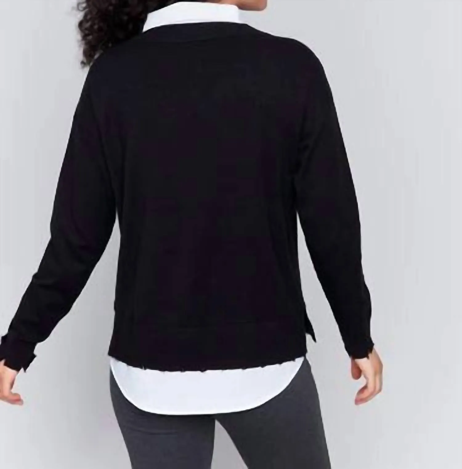 V-Neck Fooler Sweater With Shirt Collar In Black/white