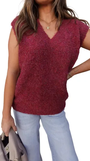 V-Neck Knit Sweater Vest In Burgundy