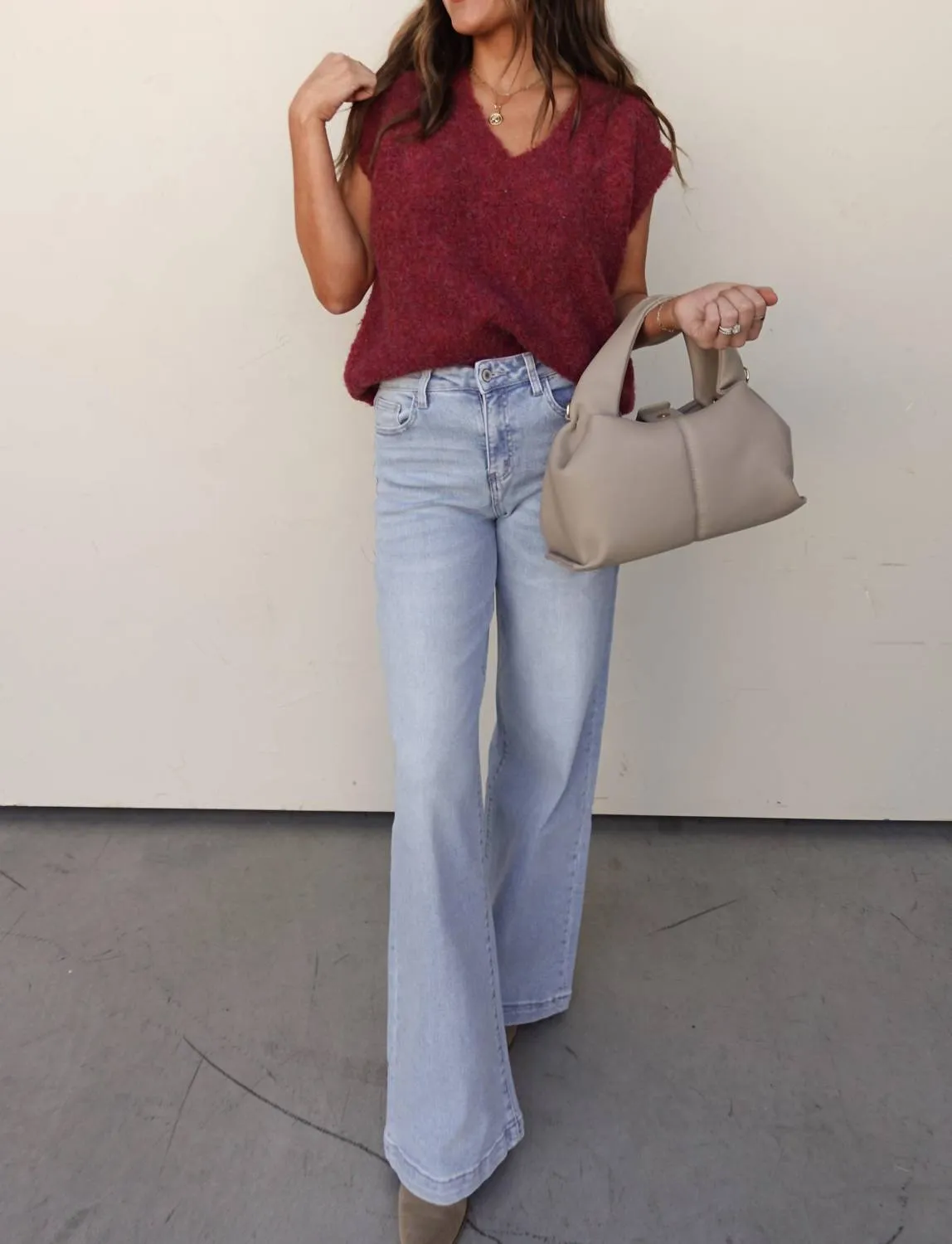 V-Neck Knit Sweater Vest In Burgundy