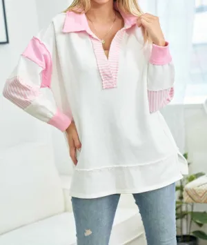 V- Neck Knit Sweatshirt In White, Pink