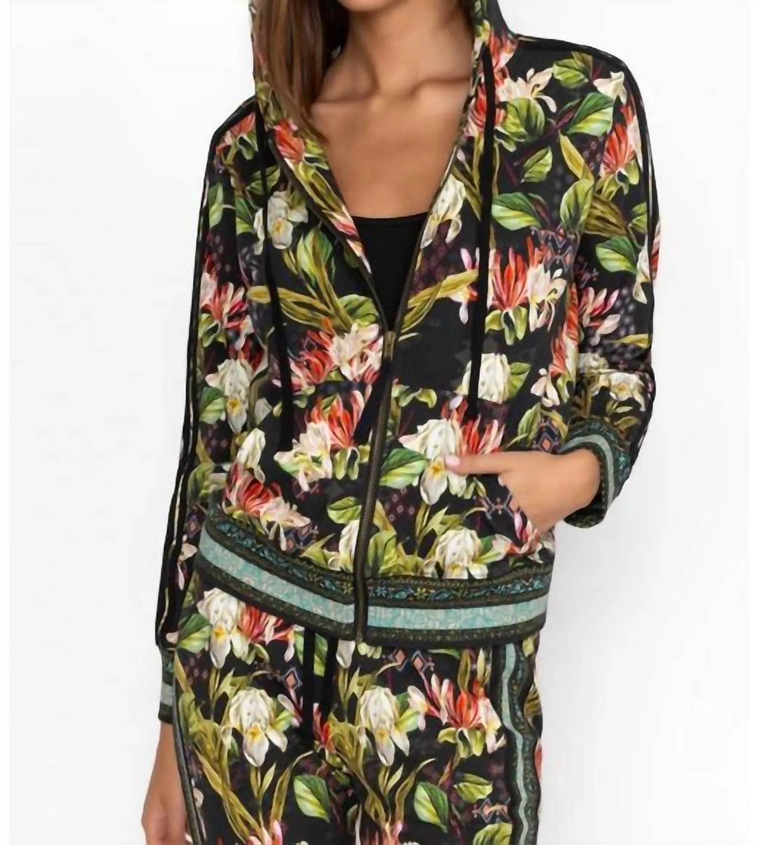 Zip Front Hoodie With Tape In Iris Whisper Scarf Print